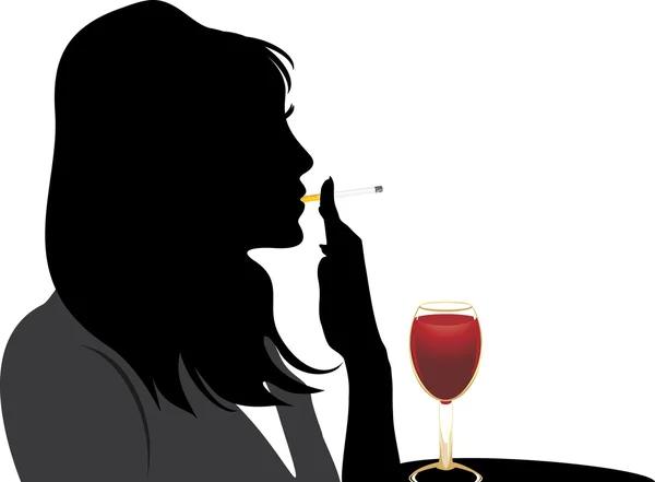Silhouette of smoking woman with glass of red wine — Stock Vector