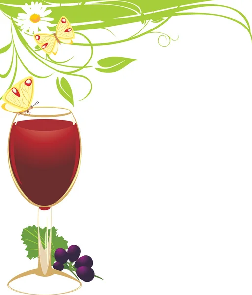 Bir bardak kırmızı şarap ile bir asma. Bahar kompozisyon — Stok Vektör