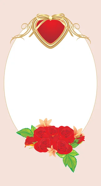Red roses with heart in the decorative frame — Stock Vector