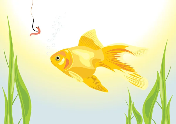 Peixe-dourado e verme em um gancho de peixe — Vetor de Stock