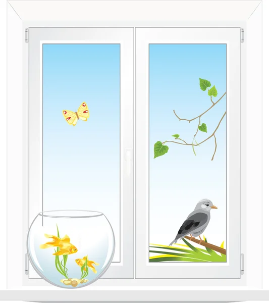 Window with a kind in a garden — Stock Vector