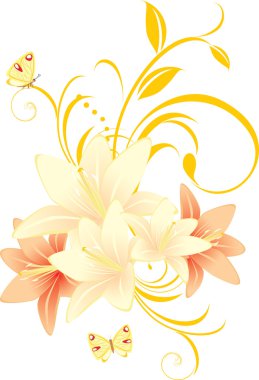 Lilies with floral ornament and butterflies clipart