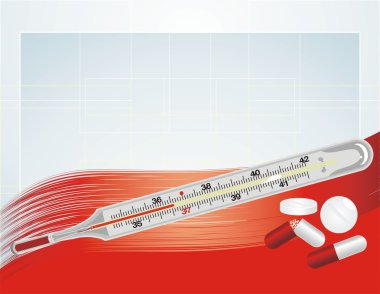 Thermometer and pills on the abstract background clipart