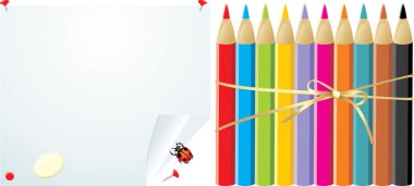 Colorful pencils on the convoluted paper with elastic and ladybird clipart