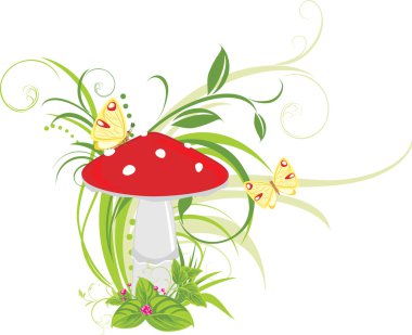 Fly agaric mushroom and butterflies clipart