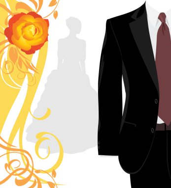 Masculine suit and silhouette of fiancee on the decorative background clipart