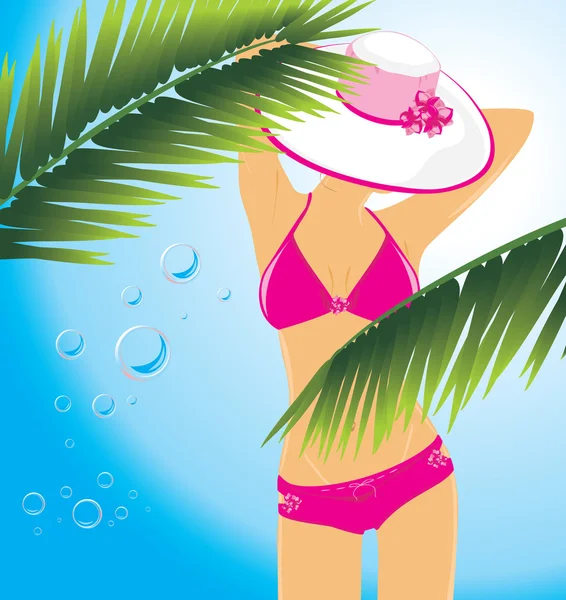 Mooie vrouw in een pak zwemmen onder de palmen — Stockvector