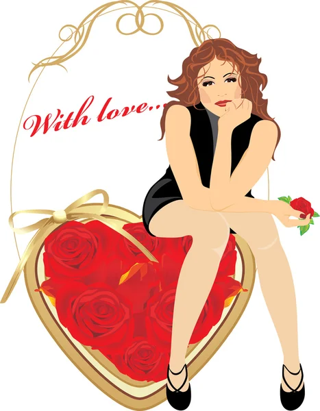 Beautiful woman sitting on the heart with red roses. Valentines card — Stock Vector