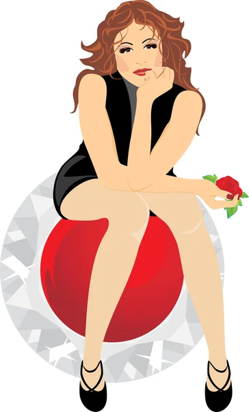 Συνεδρίαση όμορφη γυναίκα με κόκκινο τριαντάφυλλο στο χέρι — Διανυσματικό Αρχείο