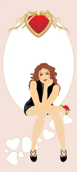 Mooie vrouw met rode roos zit in de hand. Valentines kaart — Stockvector