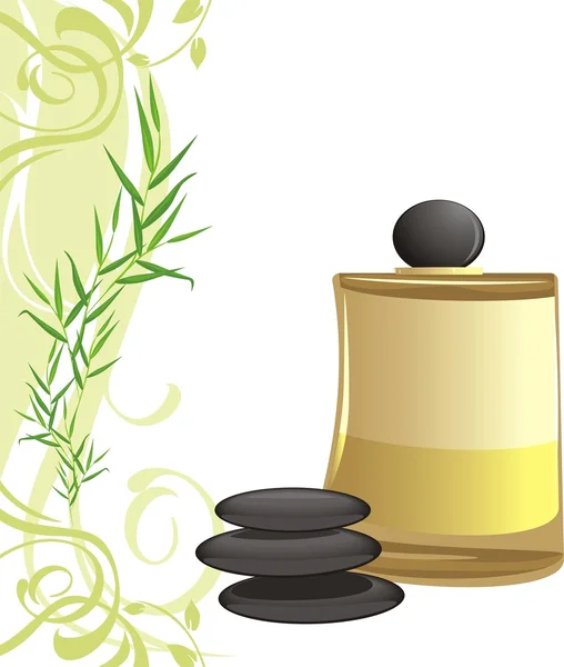 Спа олія, чорні камені і гілочка — стоковий вектор