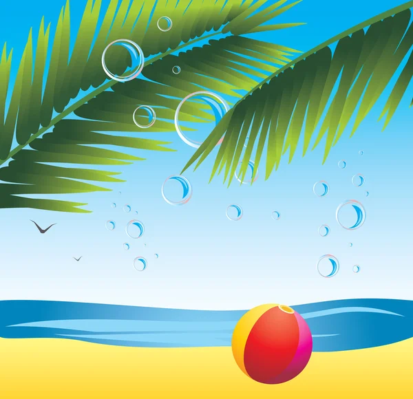 Ramas de palma con burbujas y pelota de playa. Paisaje marino — Vector de stock