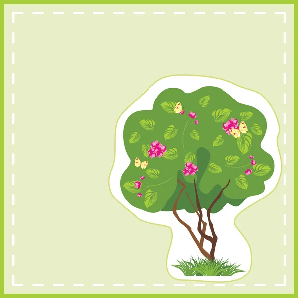 Stylizované Kvetoucí strom s motýli v rámečku. karta — Stockový vektor