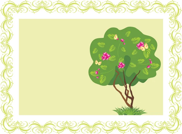 Στυλιζαρισμένη ανθίζοντας δέντρο με πεταλούδες στο πλαίσιο — Διανυσματικό Αρχείο