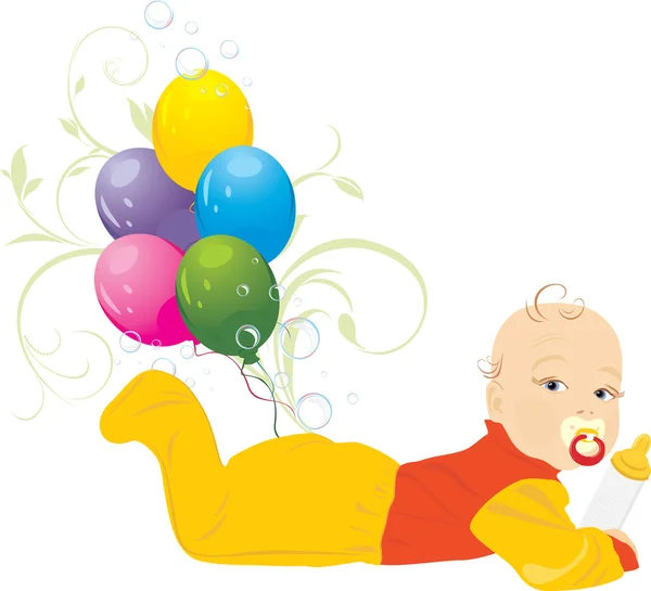 Baby en kleurrijke ballonnen — Stockvector