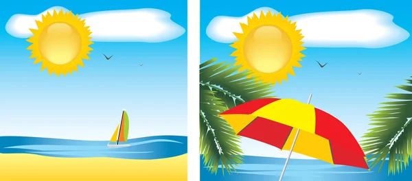 Guarda-chuva de praia entre os ramos de palma e tipo em um mar —  Vetores de Stock