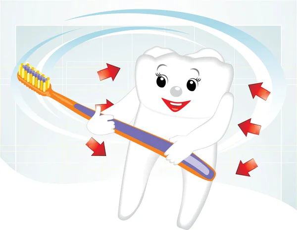 Sonriente diente y cepillo de dientes. Dibujos animados. Concepto dental — Vector de stock