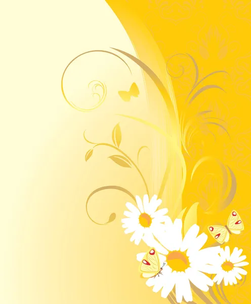Chamomiles 和蝴蝶在黄色背景上的花卉装饰 — 图库矢量图片