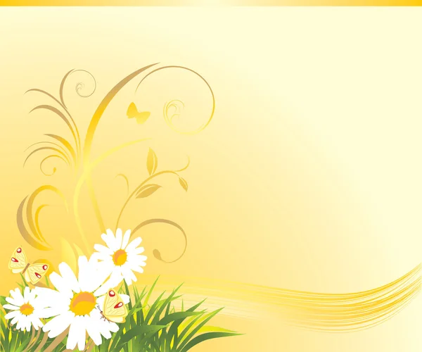 Erba con camomille e farfalle sullo sfondo giallo — Vettoriale Stock