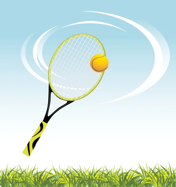 Raqueta de tenis con pelota por encima de una hierba — Vector de stock