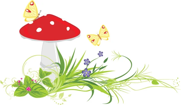 Fly agaric mushroom, flowers and butterflies — Stock Vector