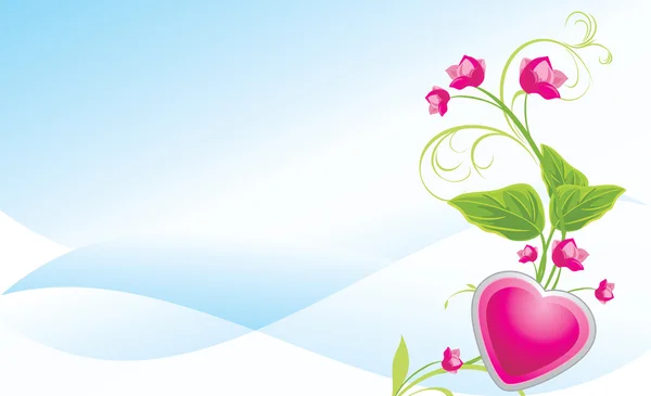 Sprig con fiori rosa e cuore sullo sfondo blu astratto — Vettoriale Stock