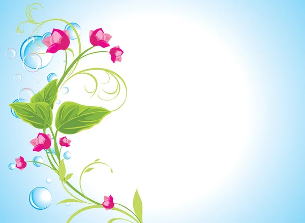 DROPS en takje met roze bloemen op de abstracte blauwe achtergrond — Stockvector