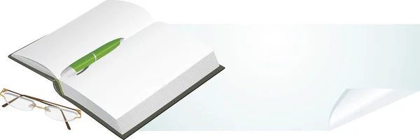 Notizbuch, Stift und Brille. Banner — Stockvektor
