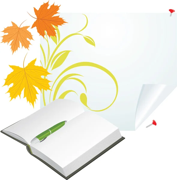 Notebook, pen en esdoorn bladeren op de zuivere pagina — Stockvector
