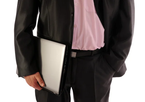 Businessman holding laptop- front view — Stock Photo, Image