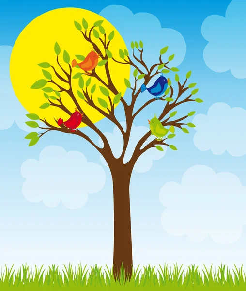Schattig boom en vogels — Stockvector