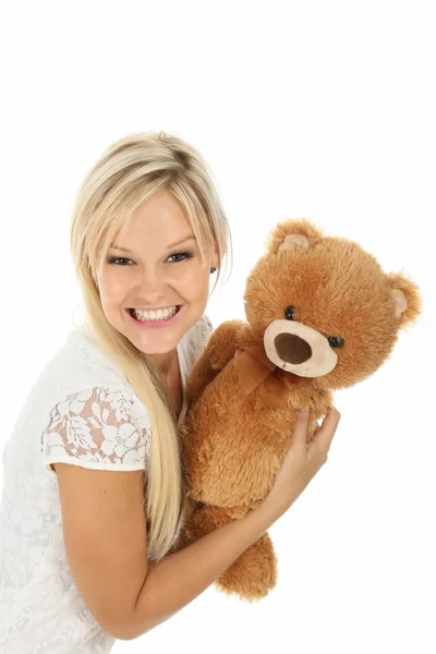 Docela blondýna a vycpaný medvěd — Stock fotografie