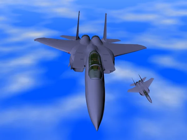 A harci repülőgép repül a kék ég. — Stock Fotó