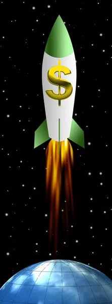 在黄金美元符号与外层空间飞行的飞船火箭. — 图库照片