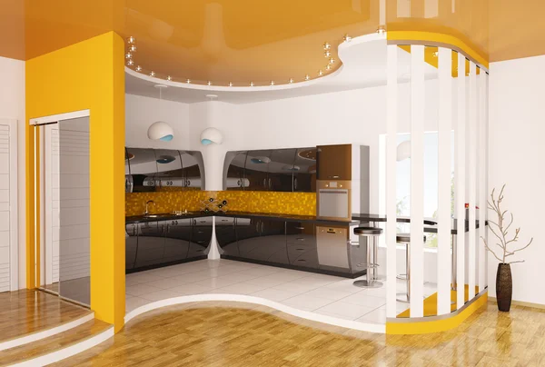室内设计的现代厨房 3d 渲染 — 图库照片