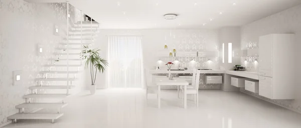 室内设计的现代厨房全景 3d 渲染 — 图库照片