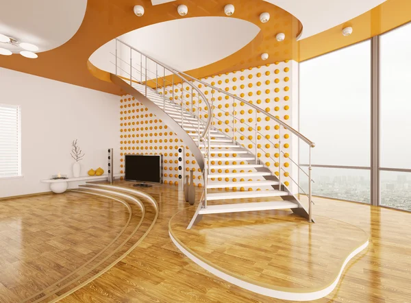 Гостиная с дизайном интерьера лестницы 3D рендеринг — стоковое фото