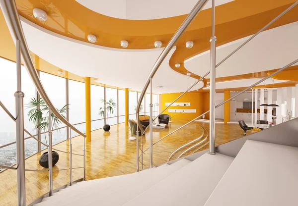 Wnętrze nowoczesny apartament z widokiem na z renderowania 3d schody — Zdjęcie stockowe