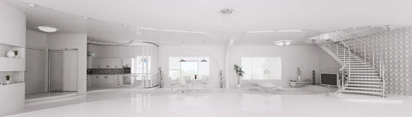 Wnętrza, nowoczesny apartament biały panoramy 3d Render — Zdjęcie stockowe