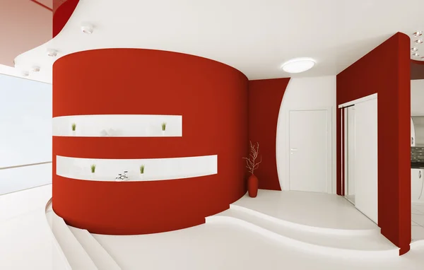 Interiér červené bílé vstupní hala 3d vykreslení — Stock fotografie