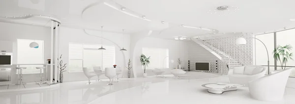 现代白色公寓全景 3d 渲染的内部 — 图库照片