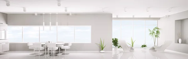 现代室内装饰的白色公寓全景 3d 渲染 — 图库照片