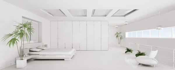 백색 침실 파노라마 3d 렌더링의 인테리어 — 스톡 사진