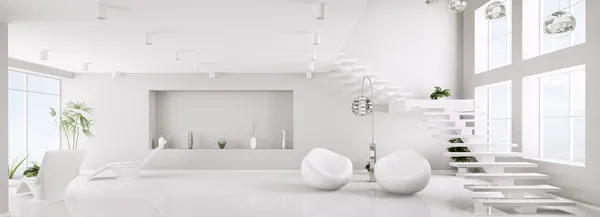 Weißes Interieur des modernen Apartmentpanoramas 3D-Renderer — Stockfoto