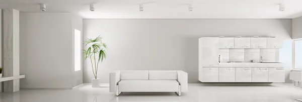 Современный интерьер белой квартиры панорама 3D рендеринг — стоковое фото