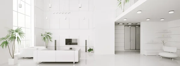 Современный интерьер белой квартиры панорама 3D рендеринг — стоковое фото