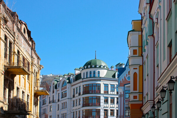 Small colored buildings in Kiev taken in Ukraine in summer