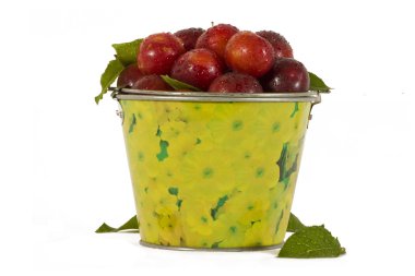 Red plums in yellow bucket clipart