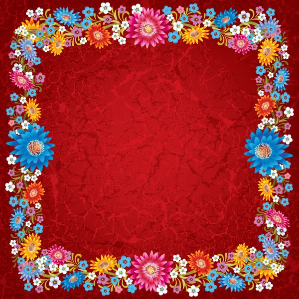 Abstracto grunge fondo rojo con flores — Vector de stock