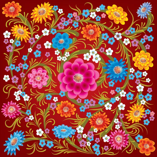Astratto ornamento rosso con fiori di colore — Vettoriale Stock